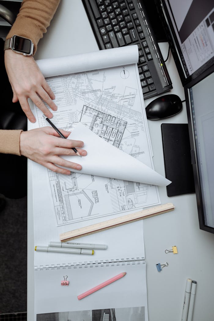 pexels-photo-5582599 High-angle view of an architect reviewing construction drawings on a desk in an office.